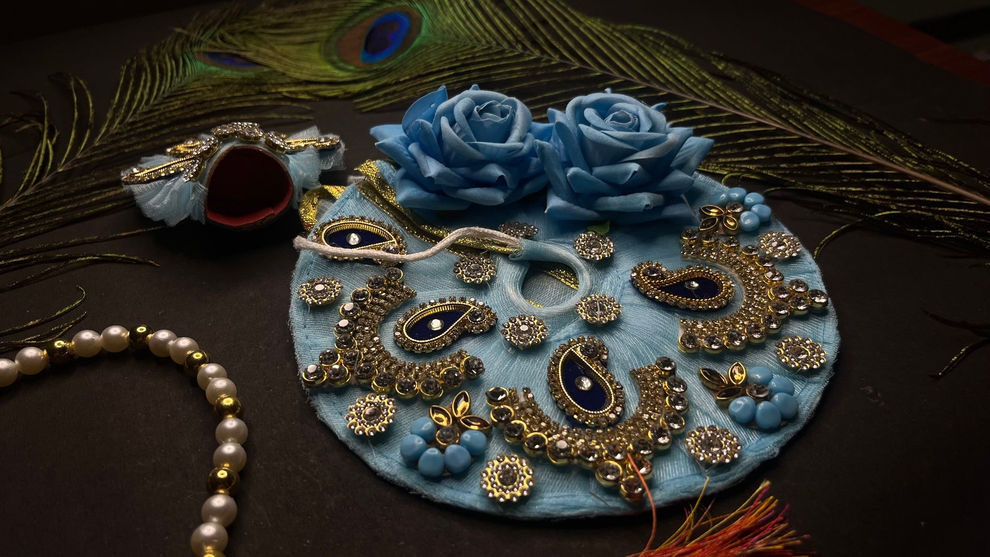 Divine Blue Designer Laddu Gopal Dress Set with Mukut and Accessories( SIZE 3)